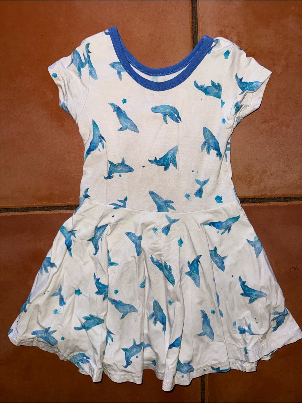 Girls' White Dress with Blue Shark Print - Casual Short Sleeve